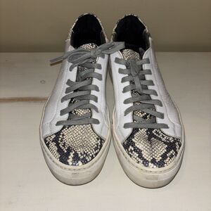 P448 White Leather Snakeskin Detail Low Top Lace-Up Sneakers Women's Size 39